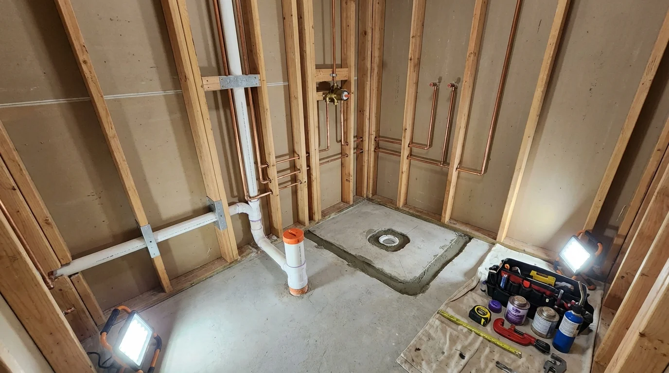 Bathroom rough-in plumbing during remodel by Johns Plumbing LLC in Roosevelt