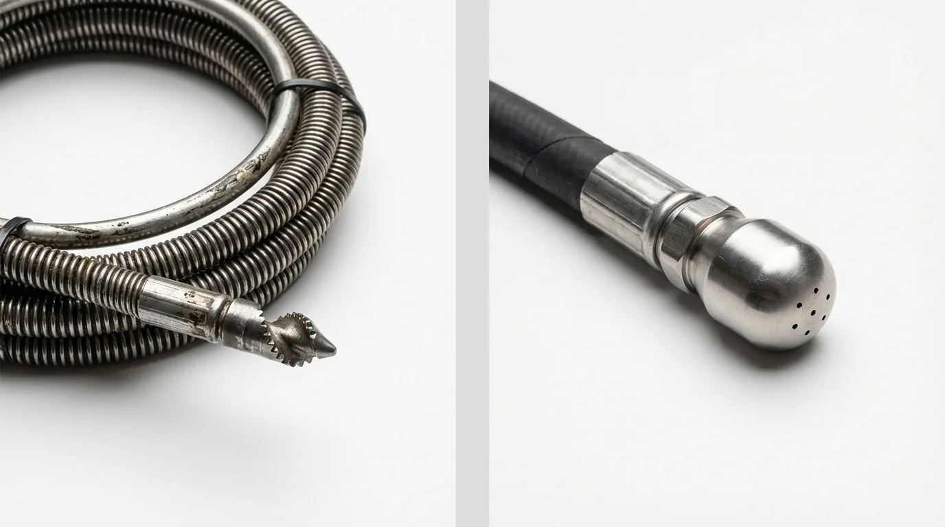 Drain snake cable and hydro jetting nozzle used for drain cleaning in Roosevelt, NY